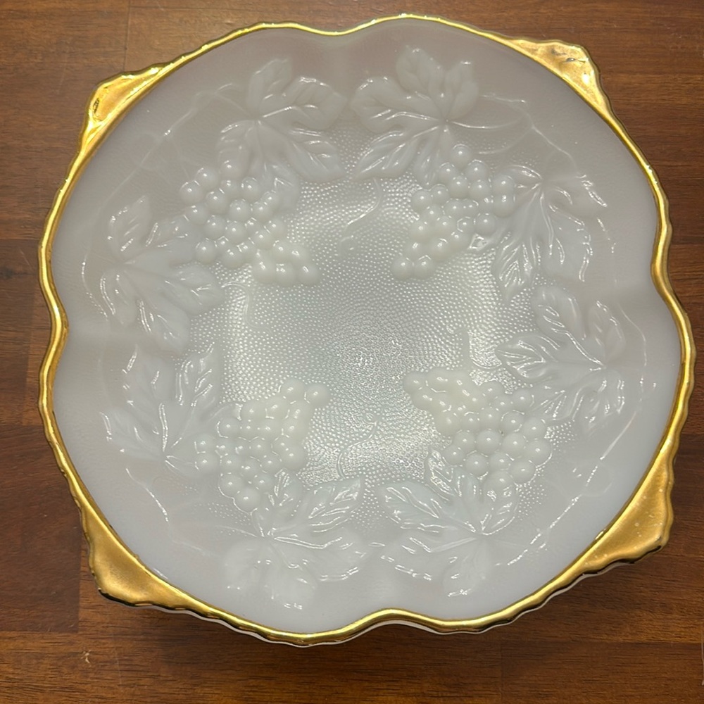 Vintage Anchor Hocking  White Milk Glass Bowl Grape Leaf Footed Gilded Edge